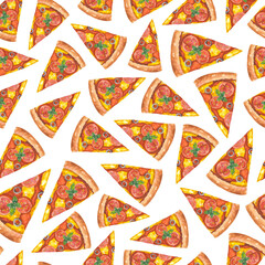 Watercolor hand painted pizza and pepper seamless pattern jpeg. background, menu, fabric, wrapping, print.