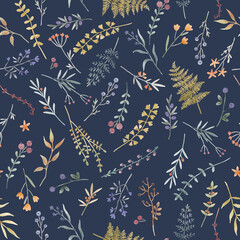 Beautiful floral seamless pattern with cute watercolor hand drawn wild flowers. Stock illustration.