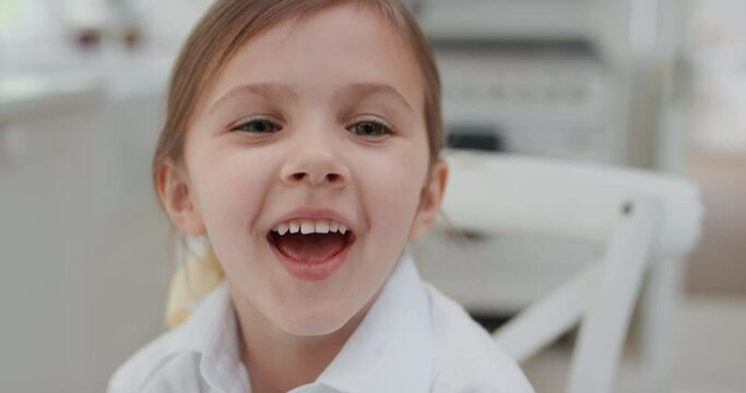 portrait beautiful little girl laughing happy child enjoying childhood testimonial concept 4k footage