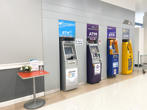 Automated Teller Machines (ATM), Various color withdrawal machines are provided for the convenience of customers, Financial transactions or banking, Chiangmai-THAILAND:August 31, 2021