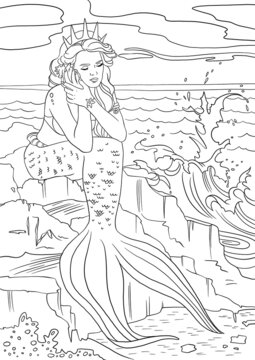 Coloring pages with mermaid. Line art design for adults or children coloring in doodle style.