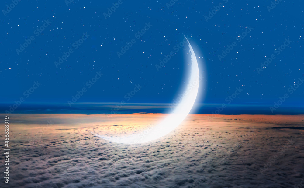 Poster night sky with crescent moon over the clouds 