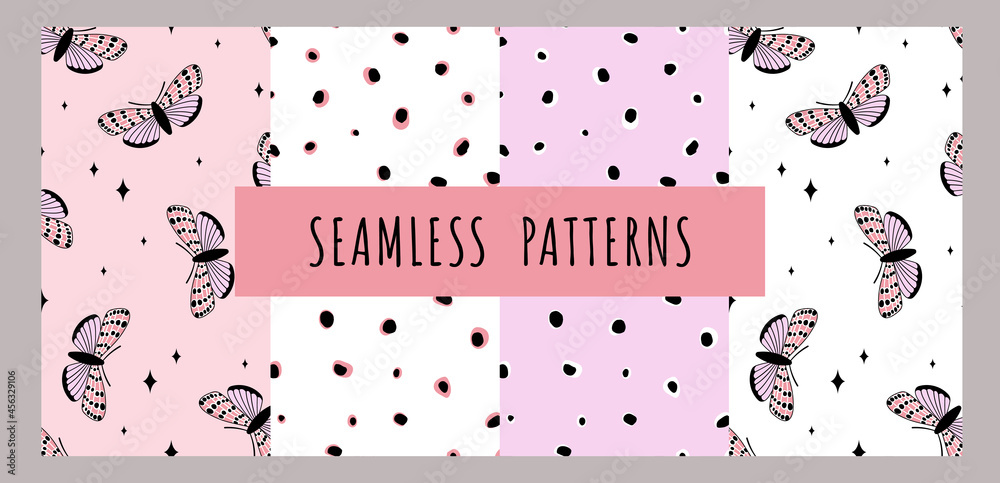 Sticker сollection of seamless patterns with butterflies and dots. vector backgrounds. trendy textures for p