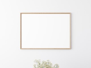 Single empty horizontally oriented rectangular picture frame with thin wooden border hanging on white wall. Flower from bottom. 3D illustration.