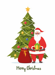 Cute Santa Claus character with gift in his hands and decorated christmas tree behind him. Santa smiling and show gift box. Merry Christmas and Happy New Year card, banner. Vector illustration.