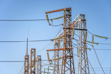 High-voltage power lines. Electrical pylon