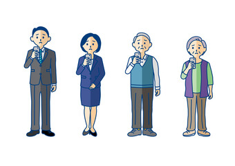スマホを持って困っているシニアとビジネスマンの全身イラスト