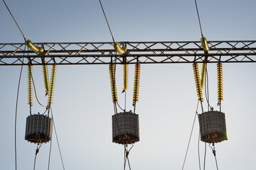 High-voltage power lines. Electrical pylon