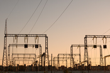High-voltage power lines. Electrical pylon