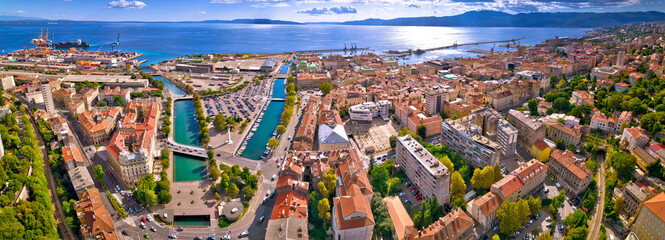 City of Rijeka waterfront and rooftops aerial panoramic view