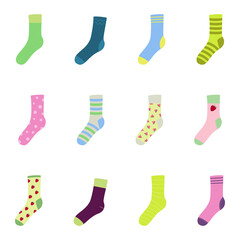 Socks vector illustration set. Cartoon flat collection of colorful clothing items with different pattern, striped sock, funny socks for man, woman or children isolated