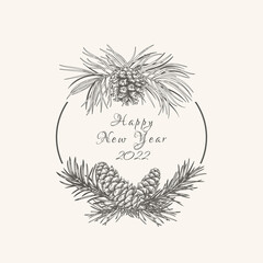Christmas card with round frame. Botanical illustration with pine and spruce. Vector holiday card. Engraving style. Black and White.