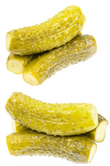 Collage pickled cucumbers isolated on white background. marinated pickles. set salted cucumbers close up