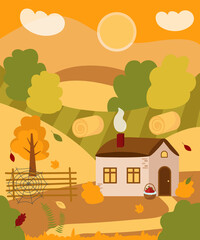 Autumn village house vector landscape. Cozy countryside, fields, meadows, hay, sun, clouds, a basket of apples, leaves are falling. Flat illustration.