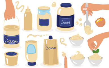Mayonnaise various types of jars with sauce, glass, plastic buckets, a bag with a bottom, bowls, drops and drips. Beautiful hands for design. A set of vector illustrations in a flat hand-drawn style.