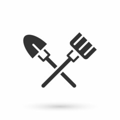 Grey Shovel and rake icon isolated on white background. Tool for horticulture, agriculture, gardening, farming. Ground cultivator. Vector