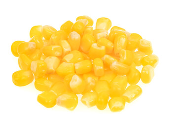 Sweet yellow corn seeds isolated on white background. Raw fresh corn texture close up. macro