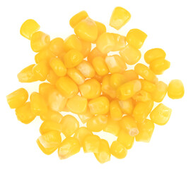 Sweet yellow corn seeds isolated on white background. Raw fresh corn texture close up. macro