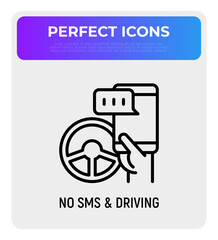 No texting while driving, hand holding smartphone with chat and steering wheel. Driver caution. Modern vector illustration.