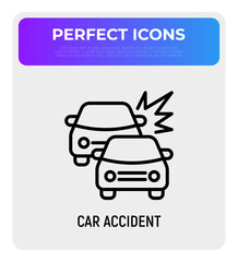 Car accident thin line icon, two cars are crashed each other. Modern vector illustration.