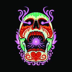 Colorful mexican skull vector illustration for apparel, poster, tattoo, skate deck, sticker. Isolated on black background. Vector eps 10