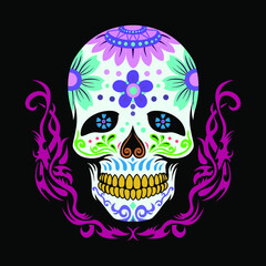 Colorful mexican skull vector illustration for apparel, poster, tattoo, skate deck, sticker. Isolated on black background. Vector eps 10