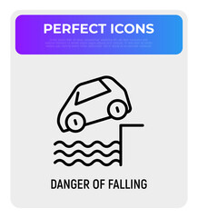 Car accident, car is falling down in water. Thin line icon. Modern vector illustration.