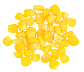 Sweet yellow corn seeds isolated on white background. Raw fresh corn texture close up. macro