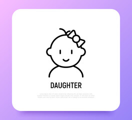 Baby girl with bow thin line icon. Modern vector illustration of newborn.