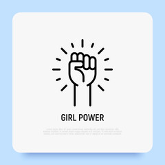 Girl power thin line icon, women's hand with fist. Modern vector illustration.