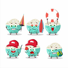 Happy Face risotto rice cartoon character playing on a beach