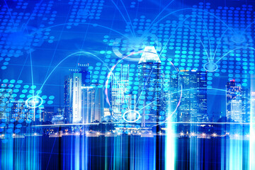 connection lines and skyscrapers in background global network concept