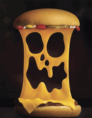 tasty and crispy hamburger burger with cheese as ghost face halloween scene ghost food lovers funny...