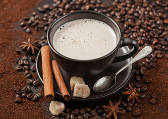 Ceramic cup of cappuccino coffee with cinnamon and cane sugar with anise star and silver spoon on ground coffee and beans.