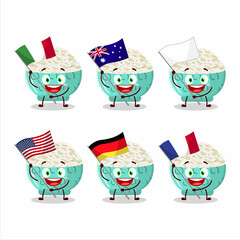 Risotto rice cartoon character bring the flags of various countries