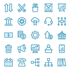 Filled blue outline icons for business management & growth.