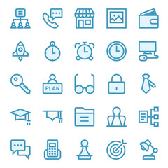 Filled blue outline icons for business management & growth.
