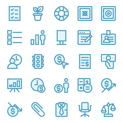 Filled blue outline icons for business management & growth.
