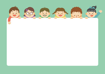 楽しそうに顔を出す子ども（主線なし）のイラスト（フレーム）