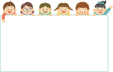 楽しそうに顔を出す子ども（主線なし）のイラスト（フレーム）