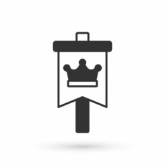 Grey Medieval flag icon isolated on white background. Country, state, or territory ruled by a king or queen. Vector