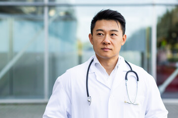 portrait of a stern and serious asian male doctor on the background of a modern outdoor clinic