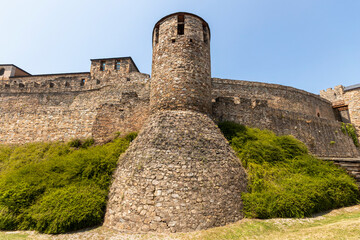 Fototapeta na wymiar Ponferrada, Spain. The Torre del Malvecino tower and the walls of the Castillo de los Templarios (Castle of the Knights Templar)