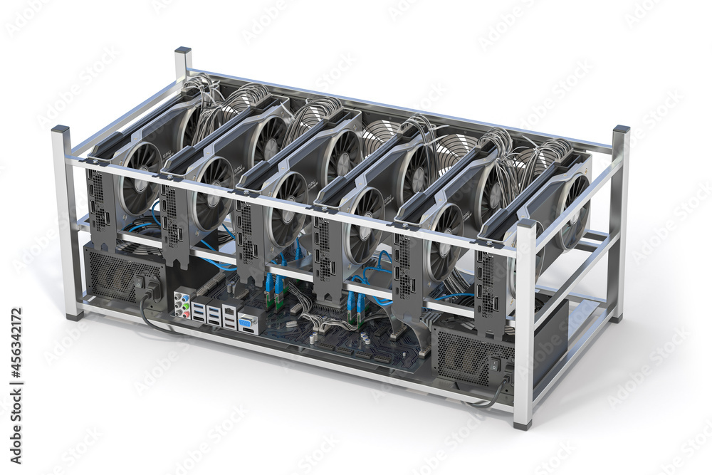 Poster Mining farm from graphics cards GPU standing in a row isolated on white