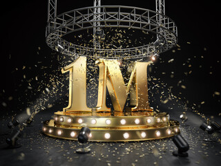 1M one million followers celebration. Number 1M on the stage with spotlight and confetti. 3d illustration  - obrazy, fototapety, plakaty