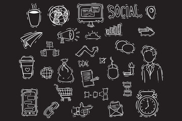 set of business icons or elements with doodle style on chalkboard background
