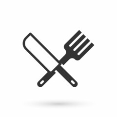 Grey Crossed knife and fork icon isolated on white background. Cutlery symbol. Vector