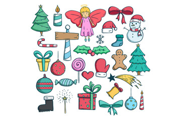 collection of christmas elements or icons with doodle style