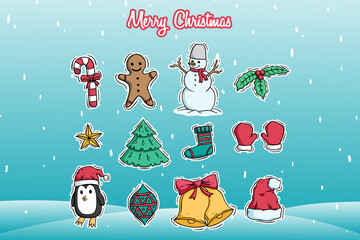 collection of christmas elements with doodle style on snow background