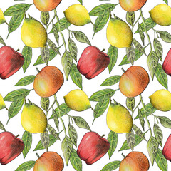 Fruit and Leaves Pattern . Seamless Modern Design, fruit branches on a white background, lemon, tangerine, apple, plant elements with a black outline , hand-drawn .  kitchen textiles, printing, 